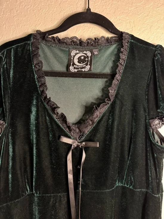 Killstar Dark Emerald Green Velvet Baby Doll Dress with Black Lace Trim - Picture 9 of 13